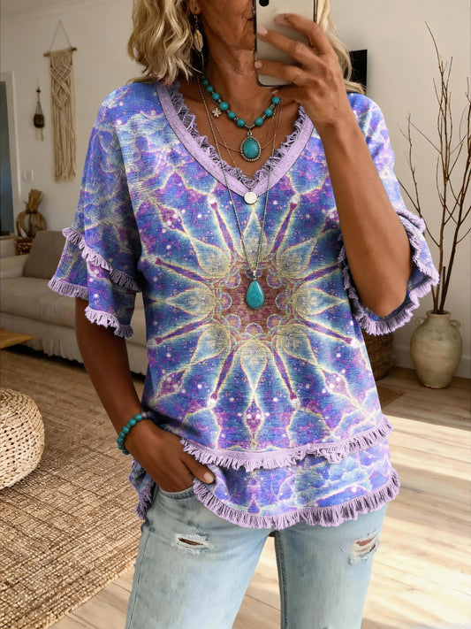Women's Retro Hippie Kaleidoscope Art Print Casual V-Neck T-Shirt
