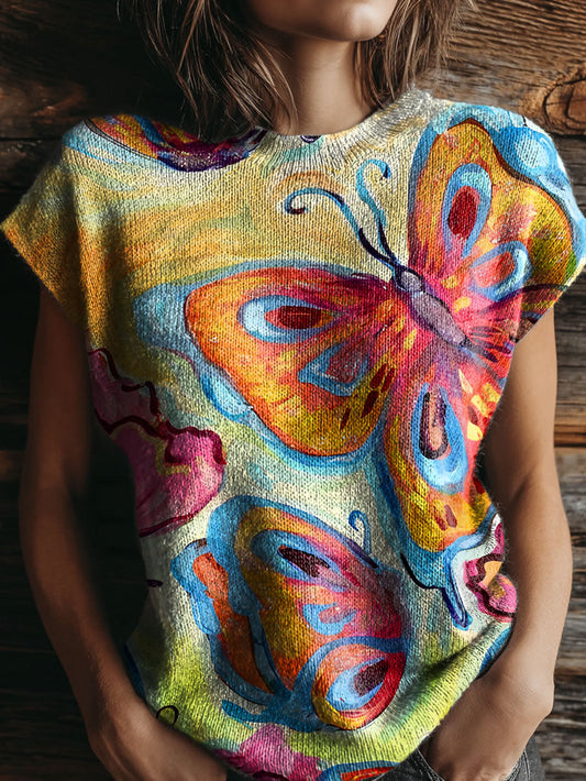 Women's Colored Butterfly Art Print Casual Crew Neck Short Sleeve Knitted Sweater