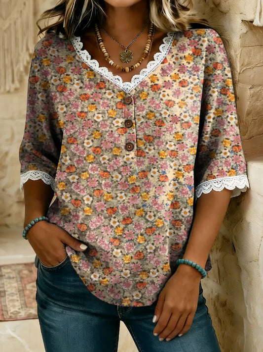 Women's Floral Art Print V-Neck Lace Trim Cotton Top