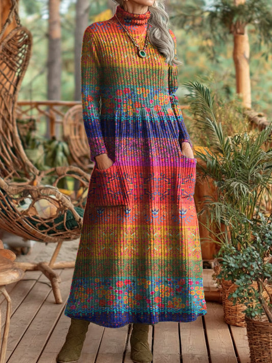 Women's Vintage Boho Floral Art Prints Elegant High Neck Pocket Knit Dresses