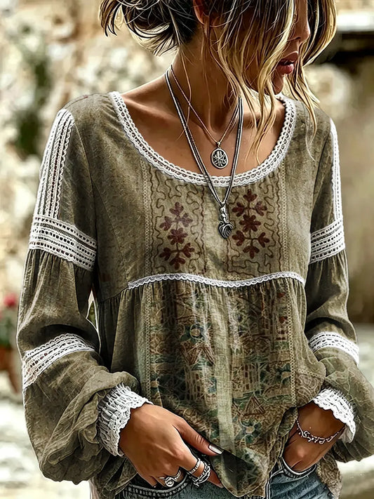Women's Vintage Ethnic Print Lace Blouse