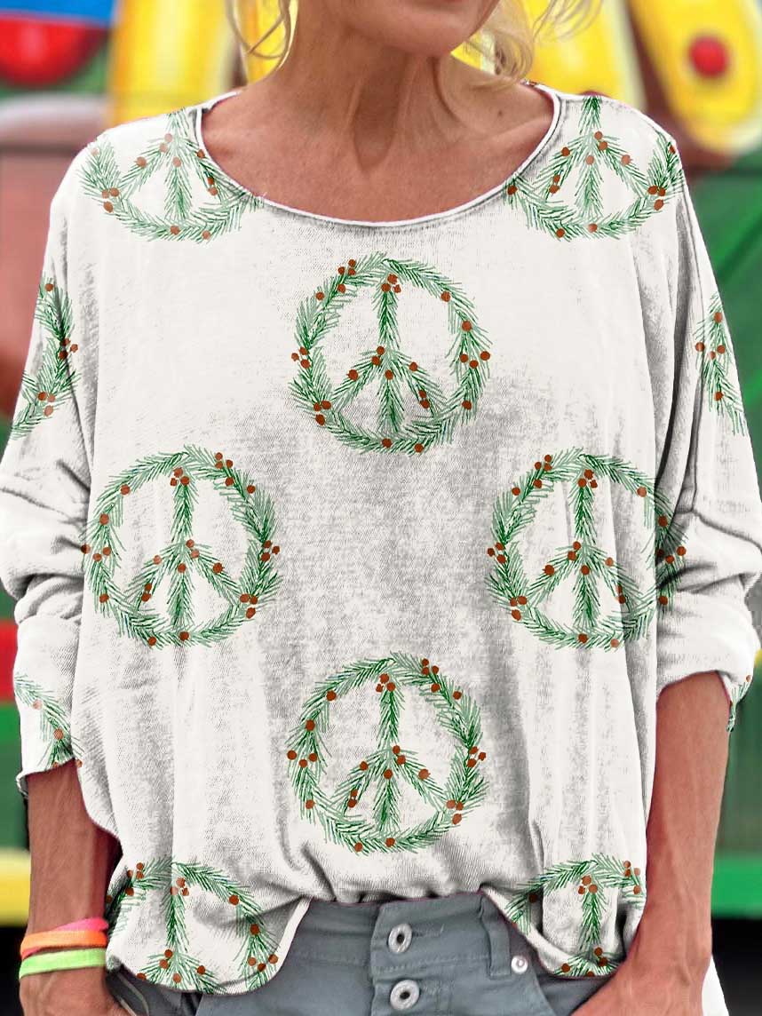 Christmas Peace Sign Art Print Casual Long Sleeve T-shirt