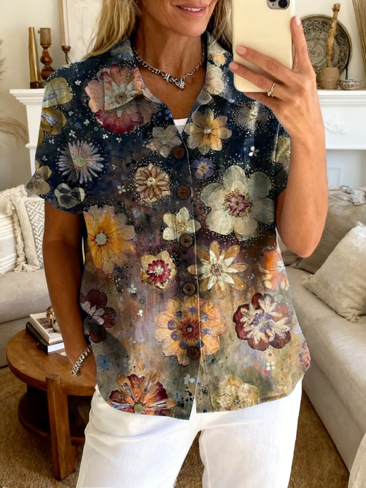 Women's Retro Petal Art Print Casual Short-Sleeve Top with Lapel Collar