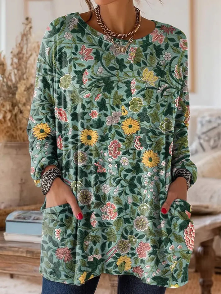 Women's Vintage Floral Art Print Casual Long-Sleeve T-Shirt