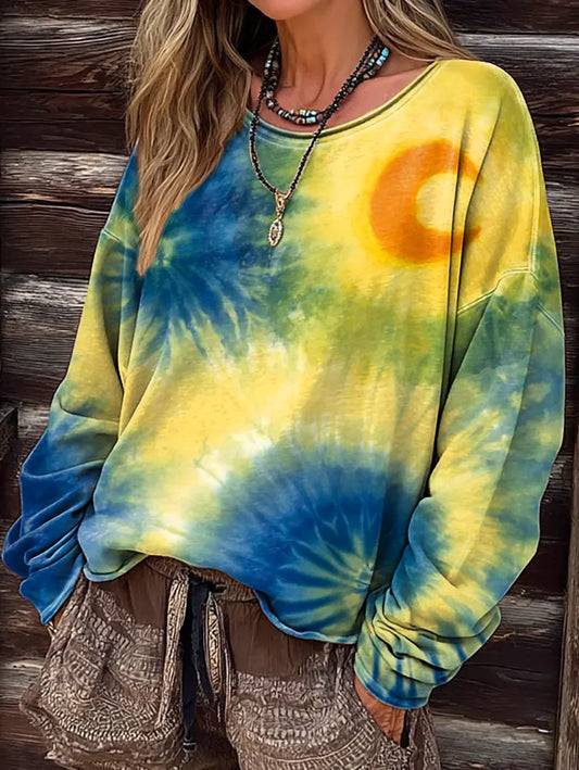 Women&#39;s Hippie Tie-Dye Moon Art Print Casual Long-Sleeved T-Shirt