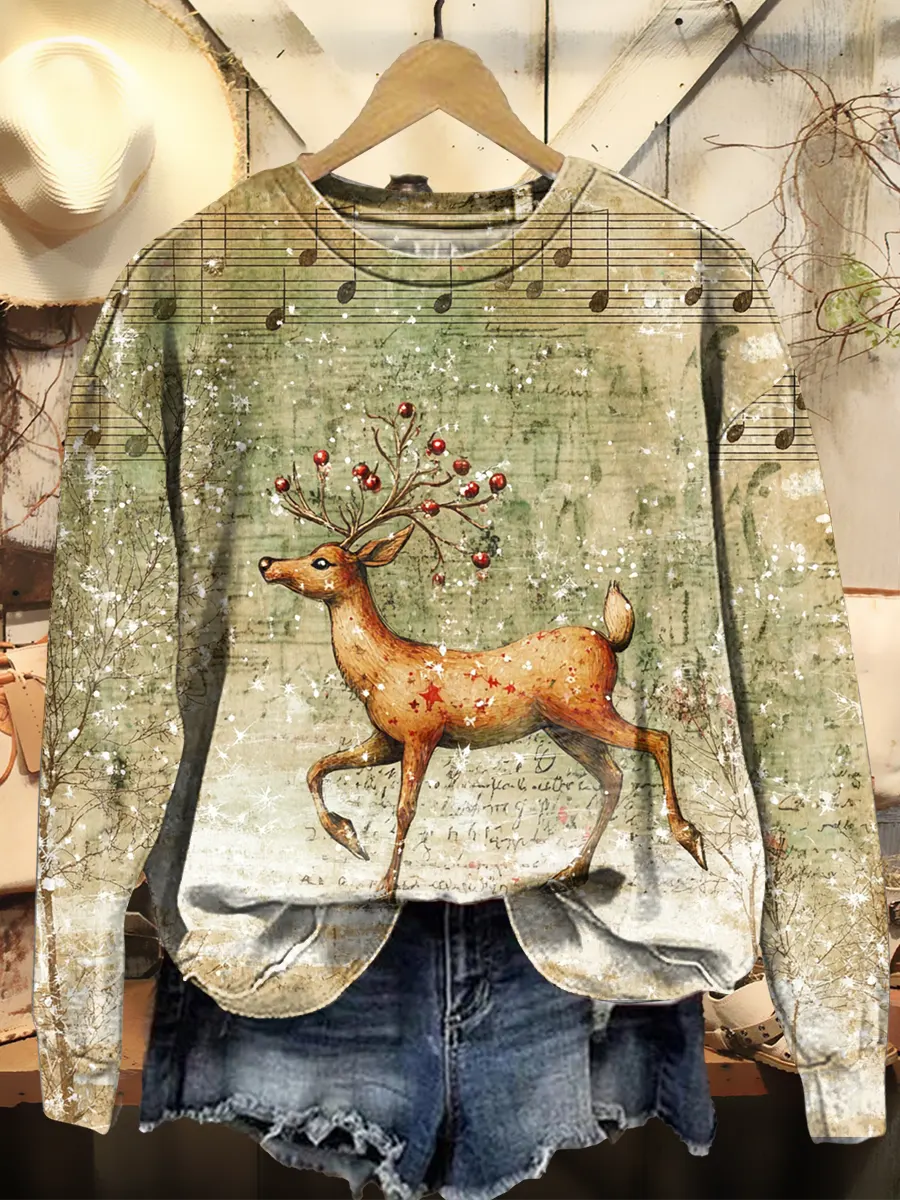 Christmas Reindeer Note Women's Retro Pattern Casual Sweater