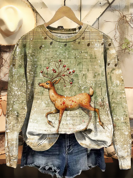 Christmas Reindeer Note Women's Retro Pattern Casual Sweater