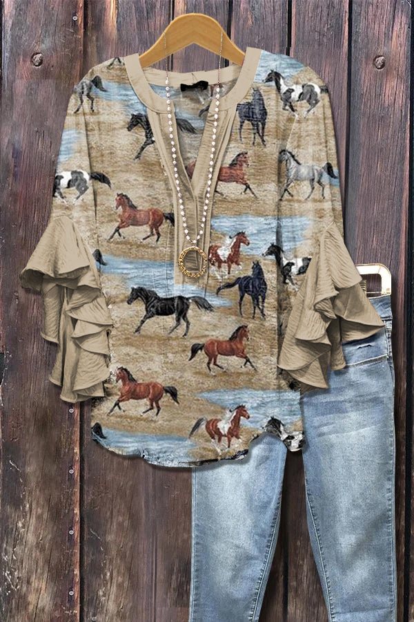 Vintage Western Horse Print Ruffle Sleeve Top