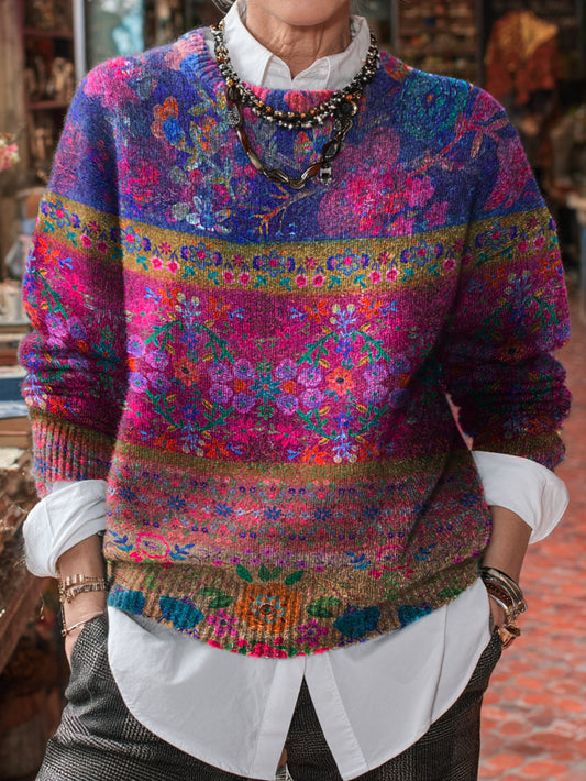 Women's Vintage Purple Boho Flower Art Printed Knit Casual Pullover Sweater
