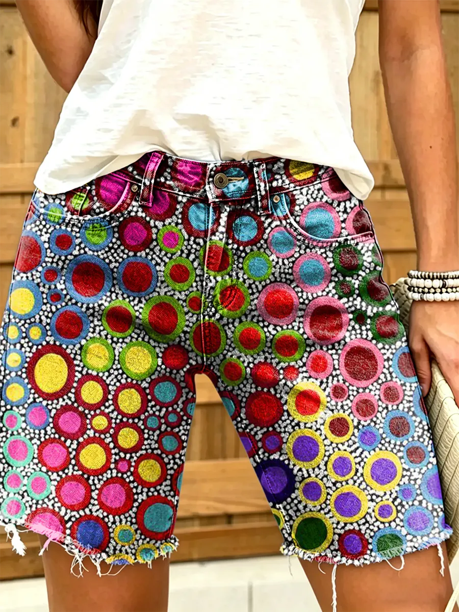 Women's Retro Colorful Polka Dot Art Print Casual Washed Cotton Denim Shorts