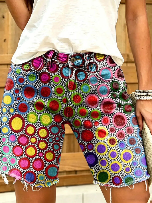 Women's Retro Colorful Polka Dot Art Print Casual Washed Cotton Denim Shorts