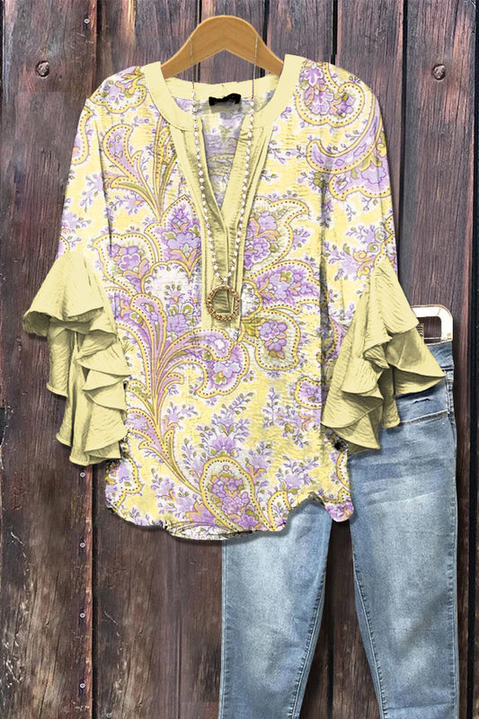 Elegant Paisley Print Ruffle Sleeve Top