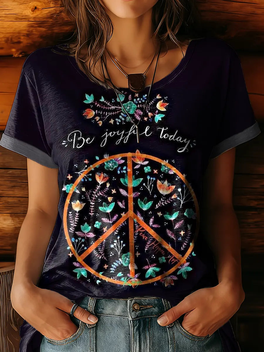 Women's Hippie-print Artwork Crewneck 100% Cotton T-shirt