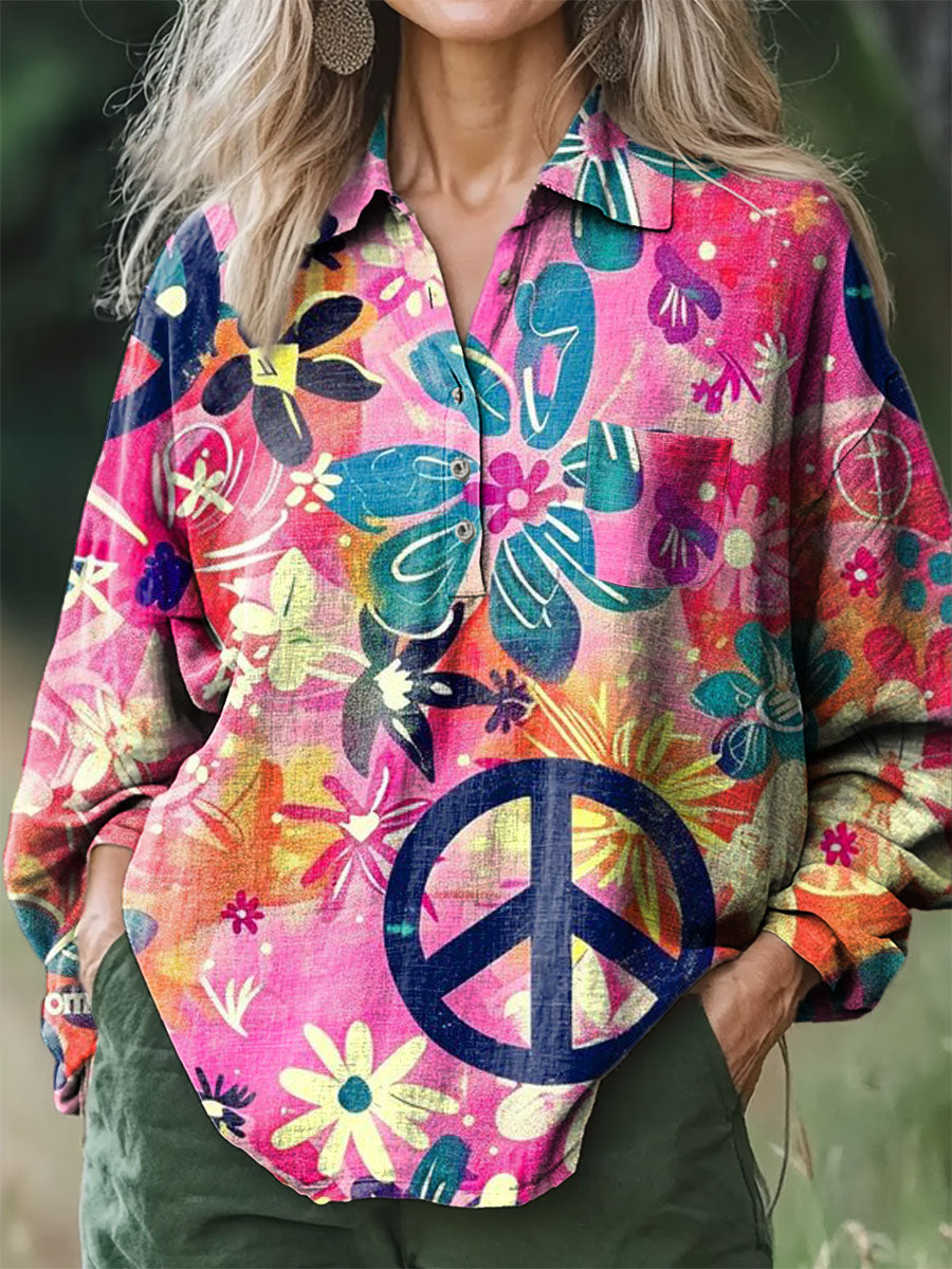 Women's Hippie Floral Art Print Casual Cotton and Linen Shirt