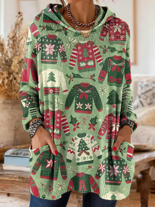 Women's Christmas Sweater Pattern Art Print Casual Knit Hoodie with Pockets