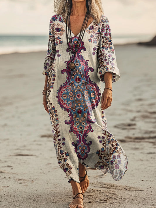 Women's Retro Ethnic Totem Art Print Pocket Cotton Dress
