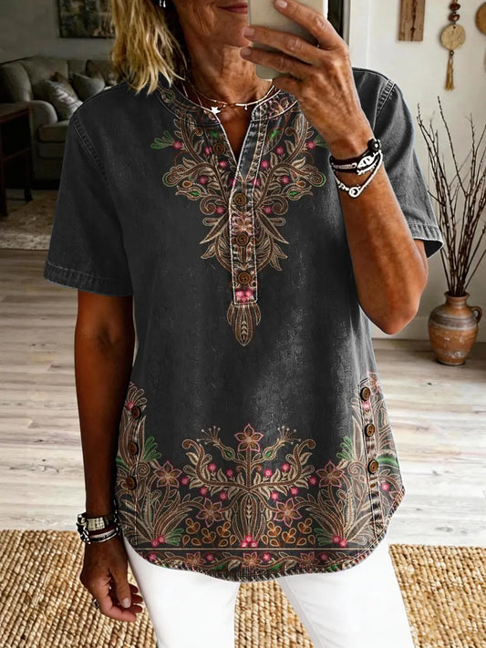 Women's Vintage Floral Art Print Casual Short-sleeve Washed Shirt