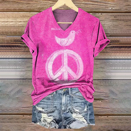 Women's Hippy Art Print V-Neck Casual T-Shirt