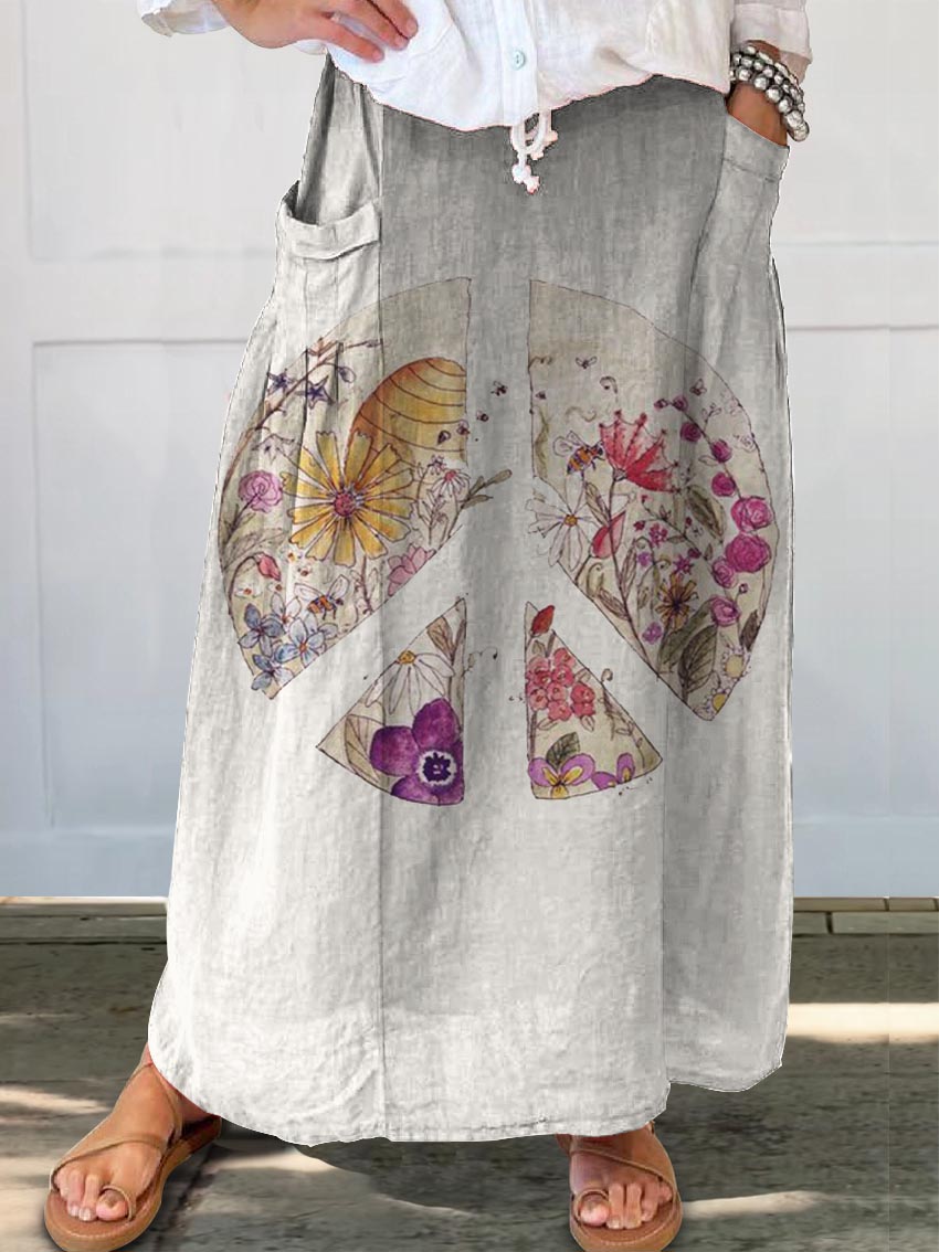 Women's Flower Peace Sign Print Linen Pocket Skirt