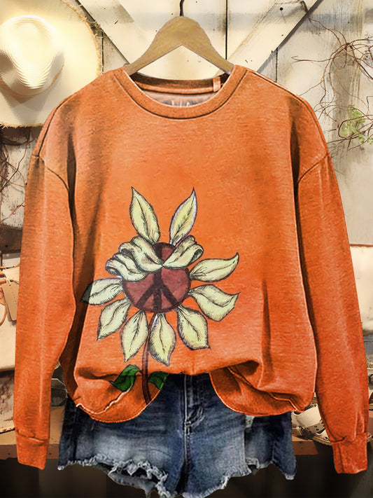 Women's Sunflower Hippie Art Print Casual Crew Neck Sweatshirt