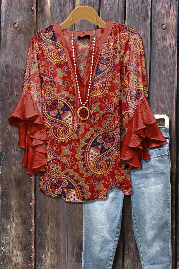 Elegant Paisley Print Ruffle Sleeve Top