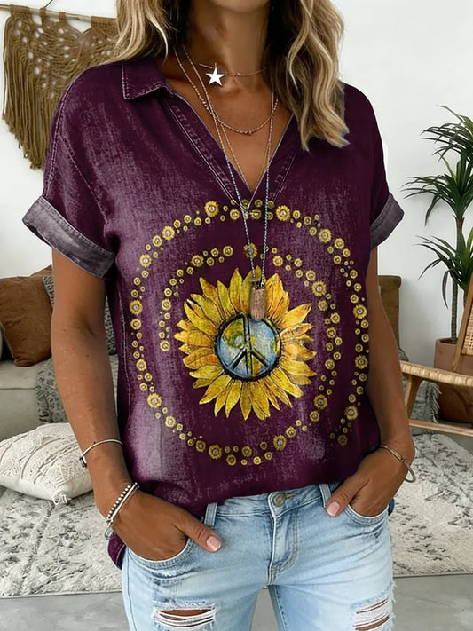 Women's Hippie Flower Sunflower Print V-Neck Short-Sleeve Shirt