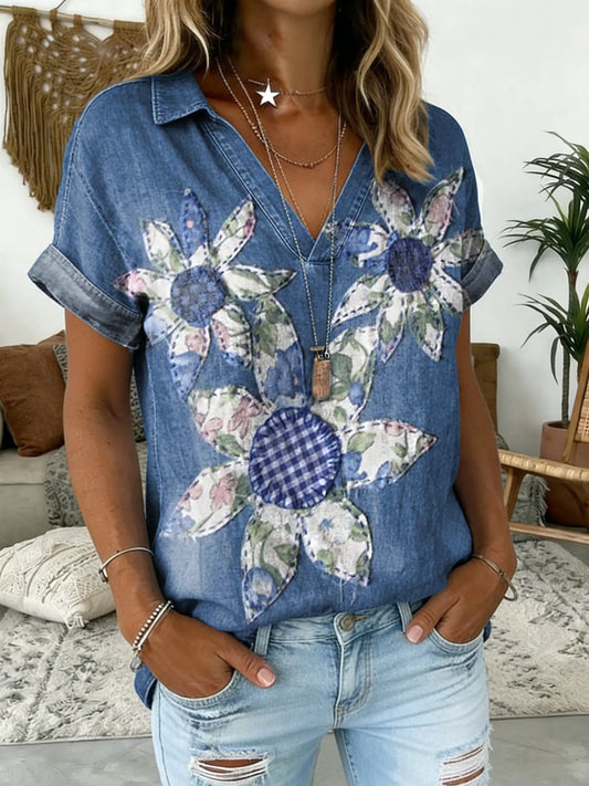 Women's Floral Print V-Neck Short-Sleeve Shirt