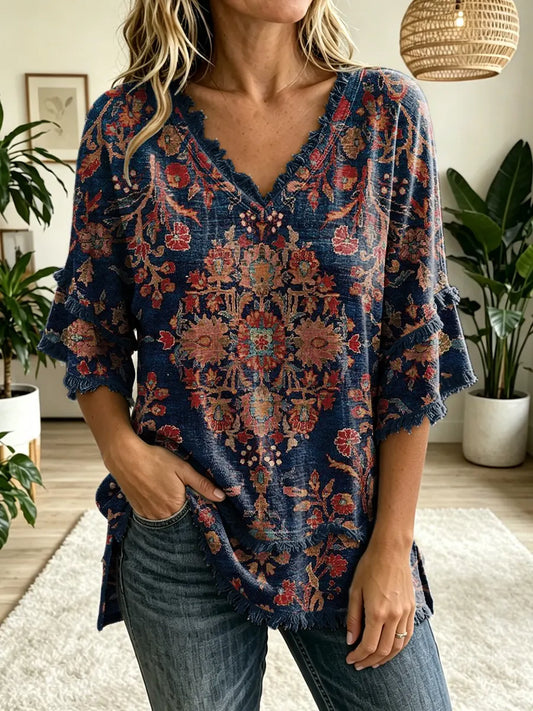 Women's Ethnic Art Print V-Neck Tasseled Cotton Top
