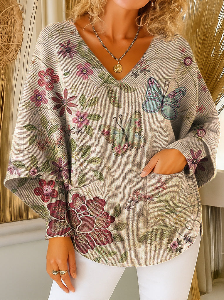 Retro Butterfly Floral Art Print V-neck Pocket Knit Sweater