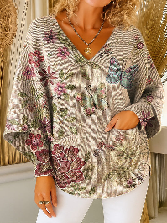 Retro Butterfly Floral Art Print V-neck Pocket Knit Sweater