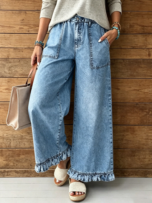 Women's Casual Ruffled Pocket Washed Cotton Jeans