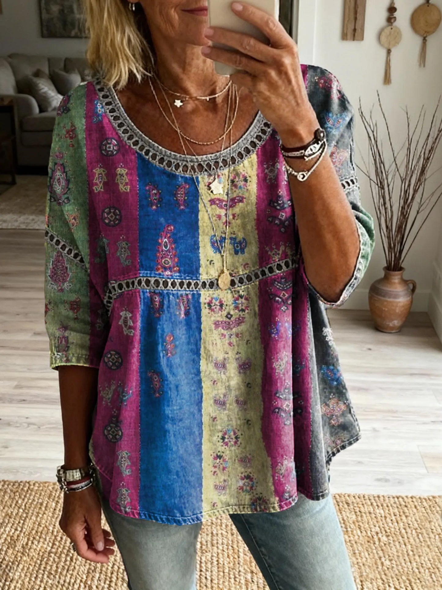 Women's Floral Pattern Art Print Casual Round Neck Lace-up Top