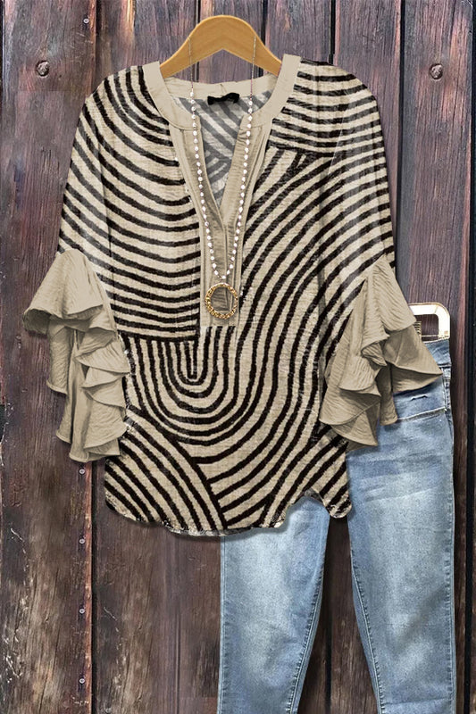 Elegant Geometric Print Ruffle Sleeve Top