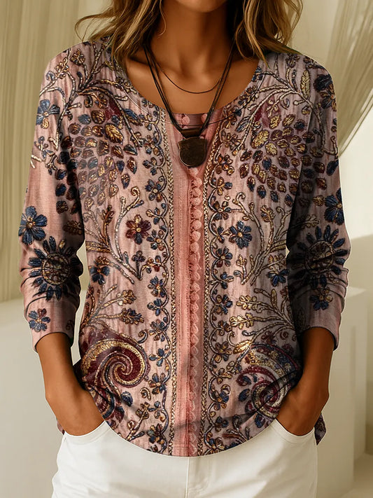 Women&#39;s Vintage Floral Textured Art Print Casual T-shirt