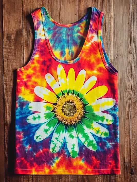 Unisex Tie Dye Daisy Graphic Print Crew Neck Cotton Tank Top