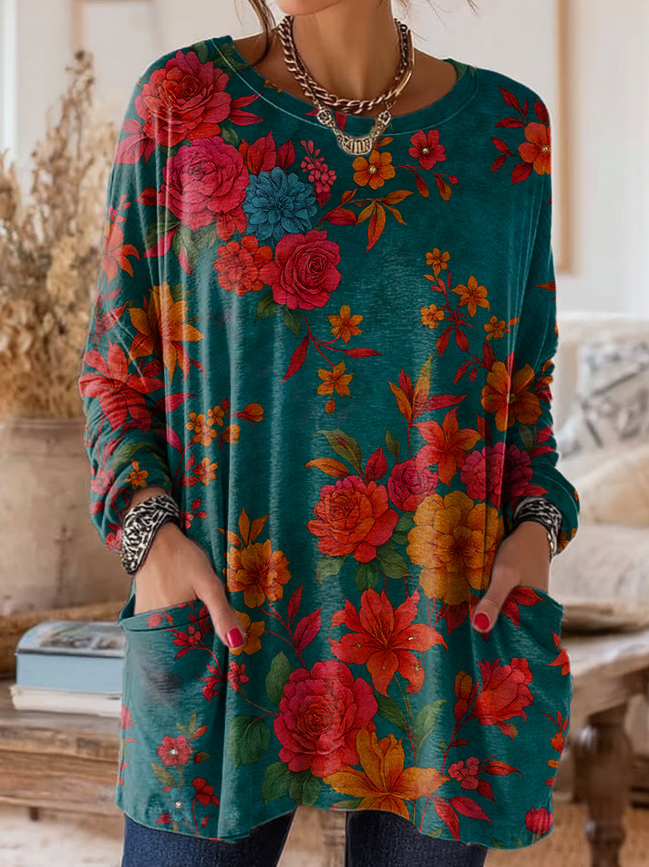 Womens Vintage Ethnic Green Floral Art Print Casual Home Round Neck Pocket T-shirt