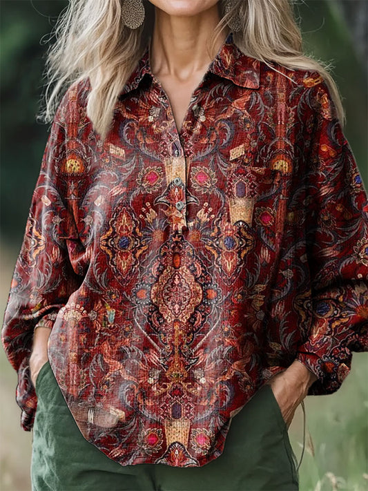 Women's Retro Ethnic Pattern Art Print Casual Cotton and Linen Shirt