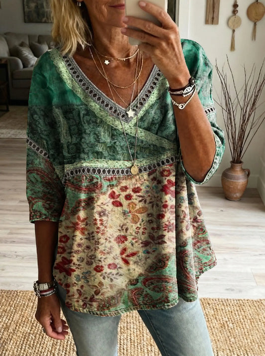 Women'sfloral Art Print Casual V-neck Tie-front Top