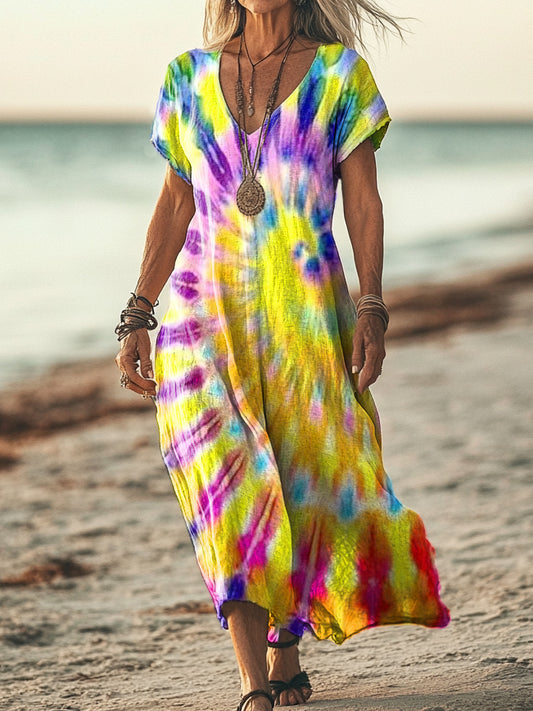 Women's Colorful Tie Dye Print Pocket Cotton Dress