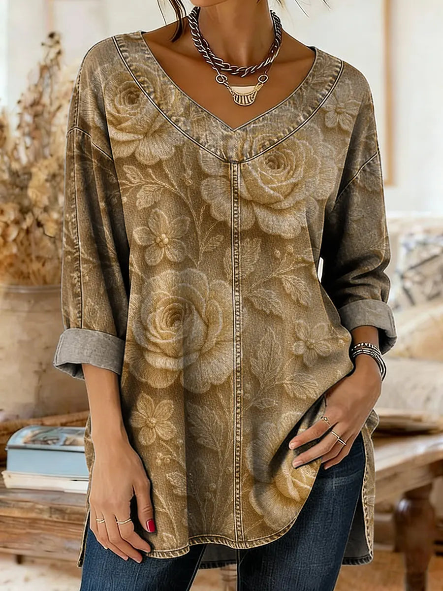 Retro Ethnic Floral Pattern Art Print Casual Washed Denim Cotton Top
