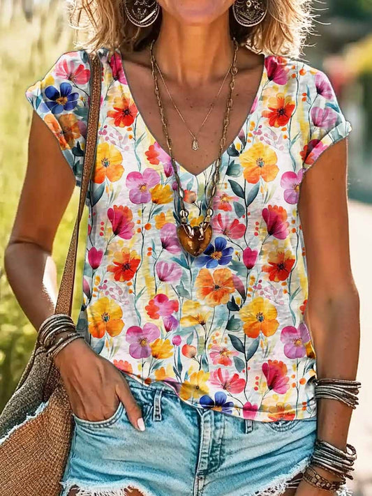 Women's Watercolor Floral Print V-Neck Cotton T-Shirt