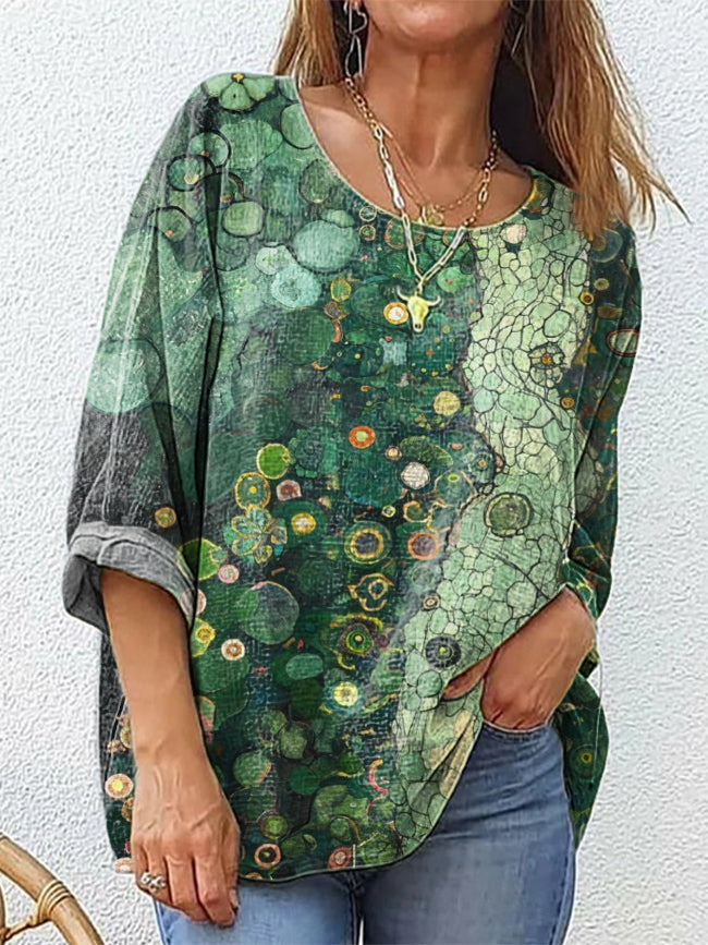 Women's Vintage Folk Art Print Casual Crew Neck Cotton And Linen Shirt