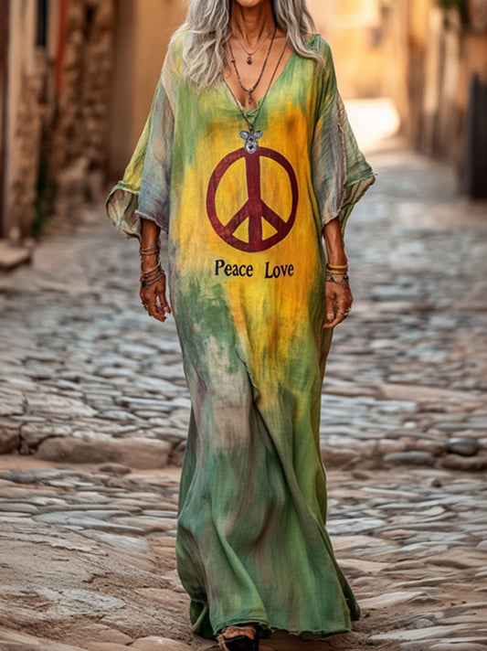 Women's Vintage Tie-Dye Peace Love Art Patterns Print Pocket Cotton Dress