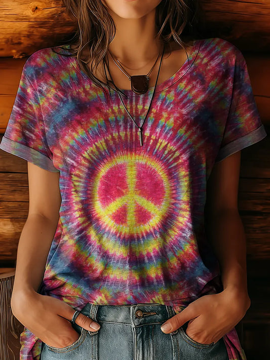 Women's Hippie-print Artwork Crewneck 100% Cotton T-shirt