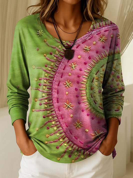 Women&#39;s Retro Patchwork Textured Art Print Casual T-shirt