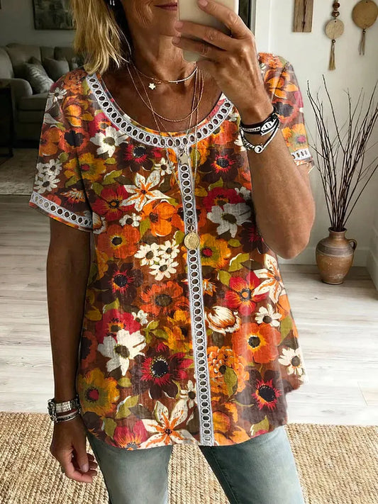 Women's Floral Art Print Round Neck Short Sleeve Hollow-Out Shirt