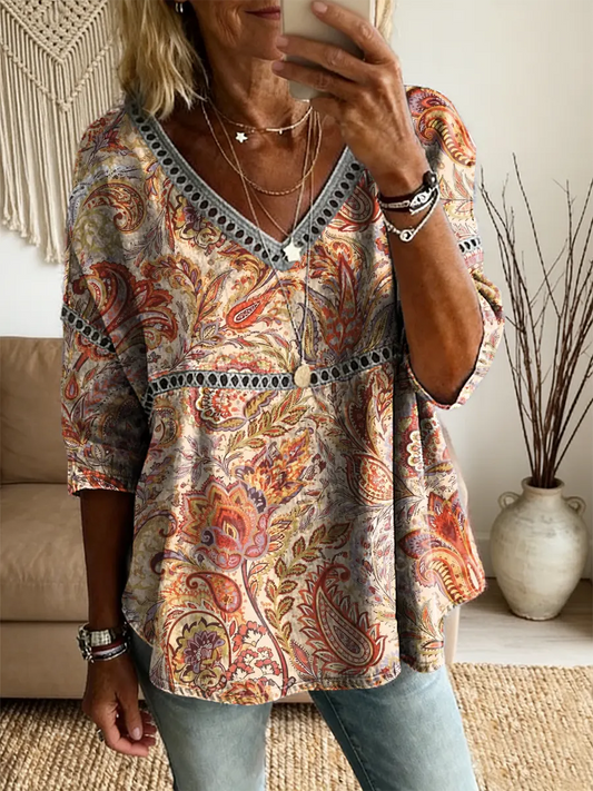 Women's Retro Floral Art Print V-Neck Lace Shirt