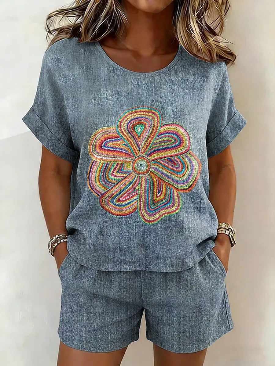 Women's Ethnic Floral Art Print Shirt & Shorts Two-piece Set