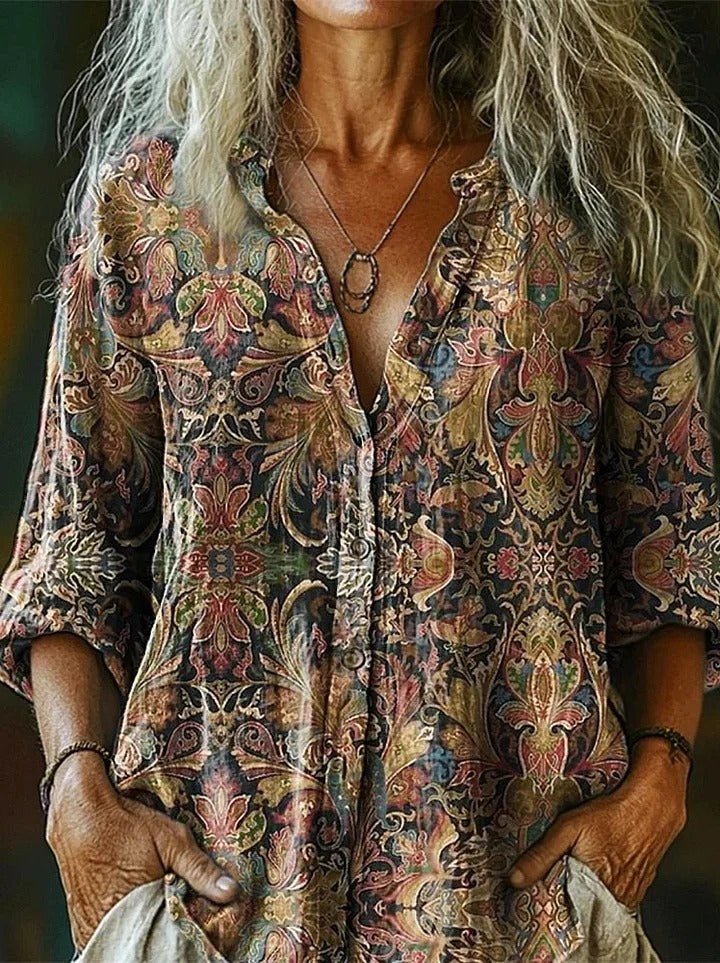 Women's Vintage Ethnic Floral Art Print Linen And Cotton V-neck Casual Shirt