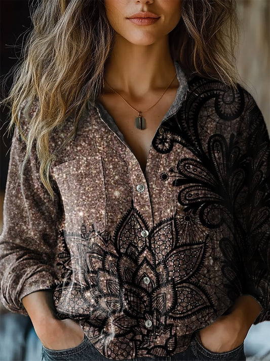 Women's Vintage Flash Mandala Print Long Sleeve Comfortable Cotton Shirt